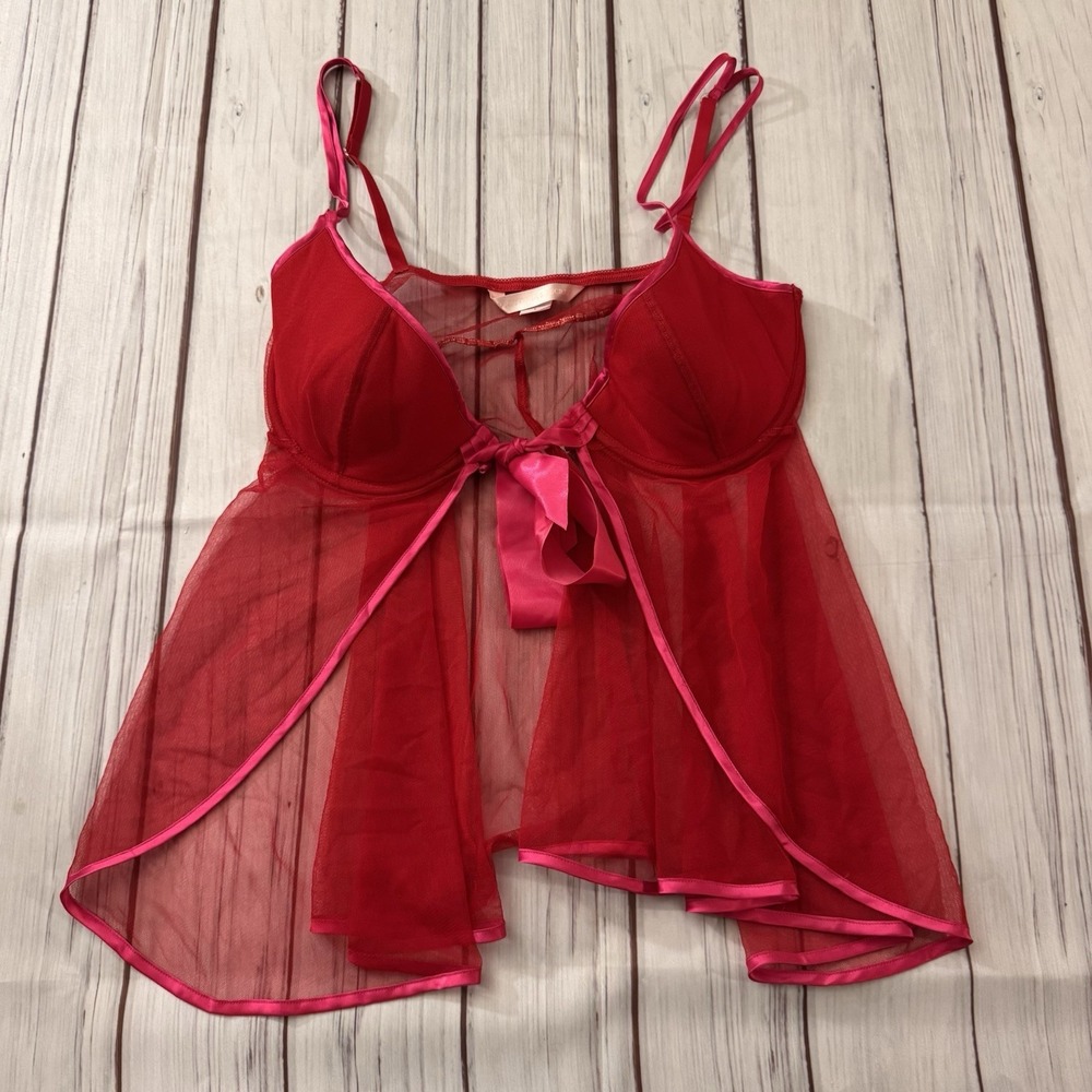 Victoria's Secret Red Lace Nightie Pink Bow Women's Size Large Lingerie